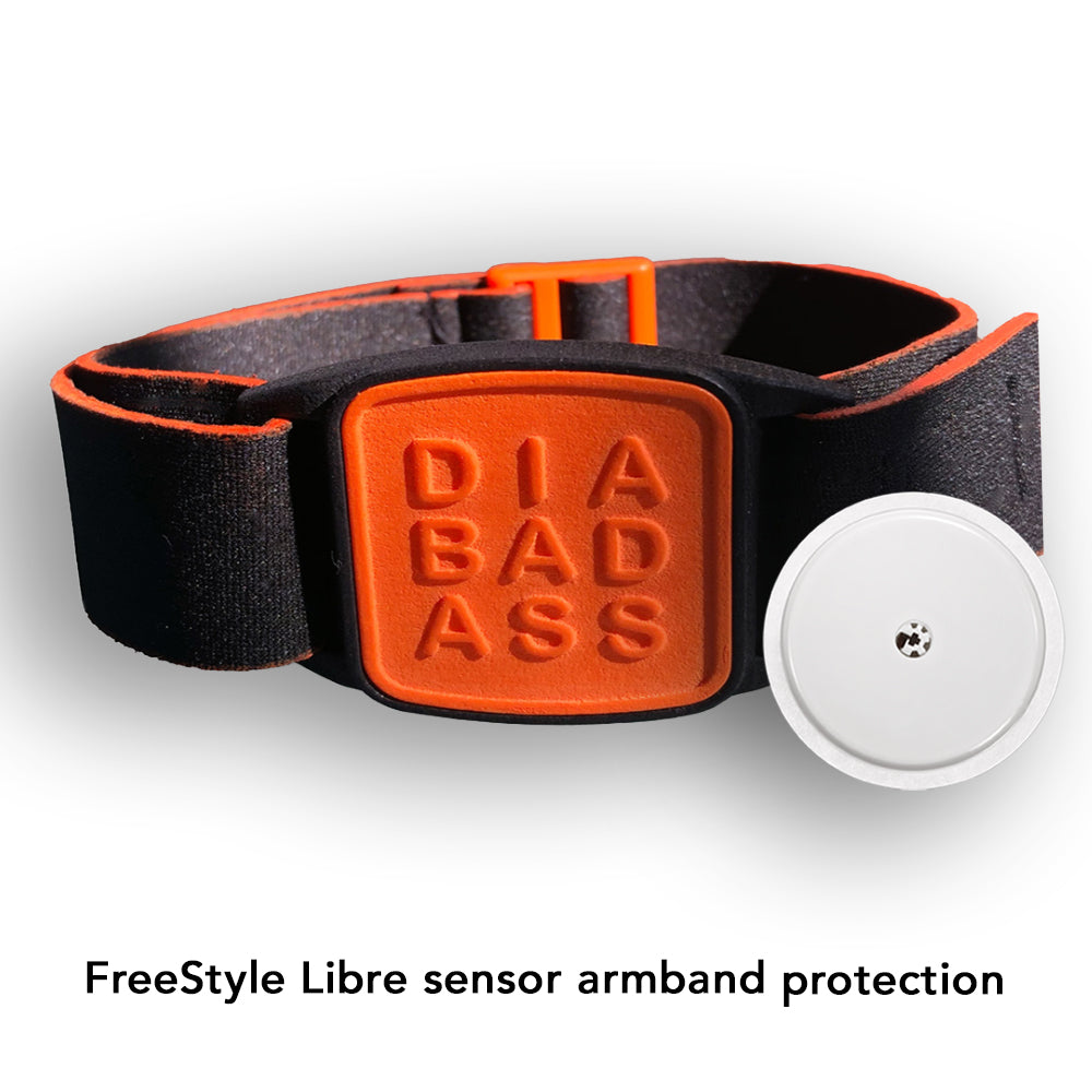 Libreband armband in orange with Diabadass cover and black neoprene strap.