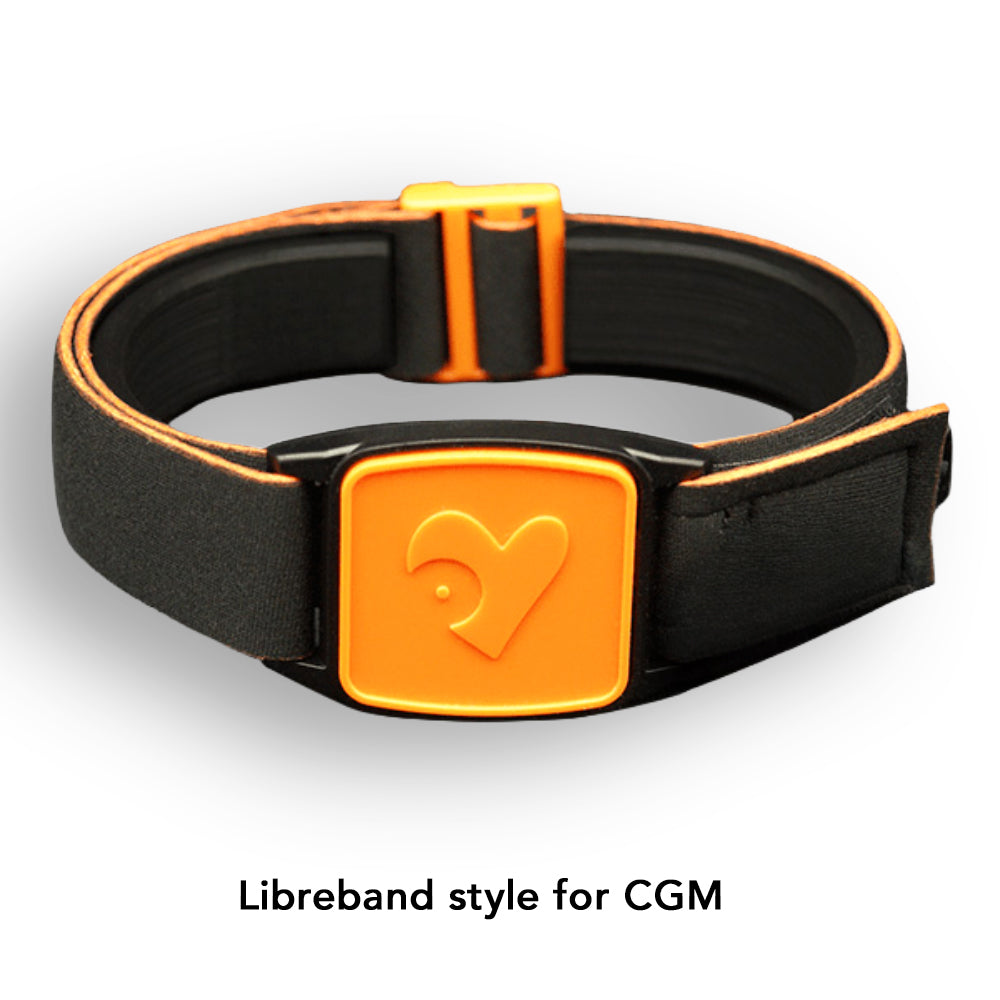 Libreband armband with a heart on orange cover with black strap for FreeStyle Libre CGM. LML4559, LML2937, LML2272, LML2289.