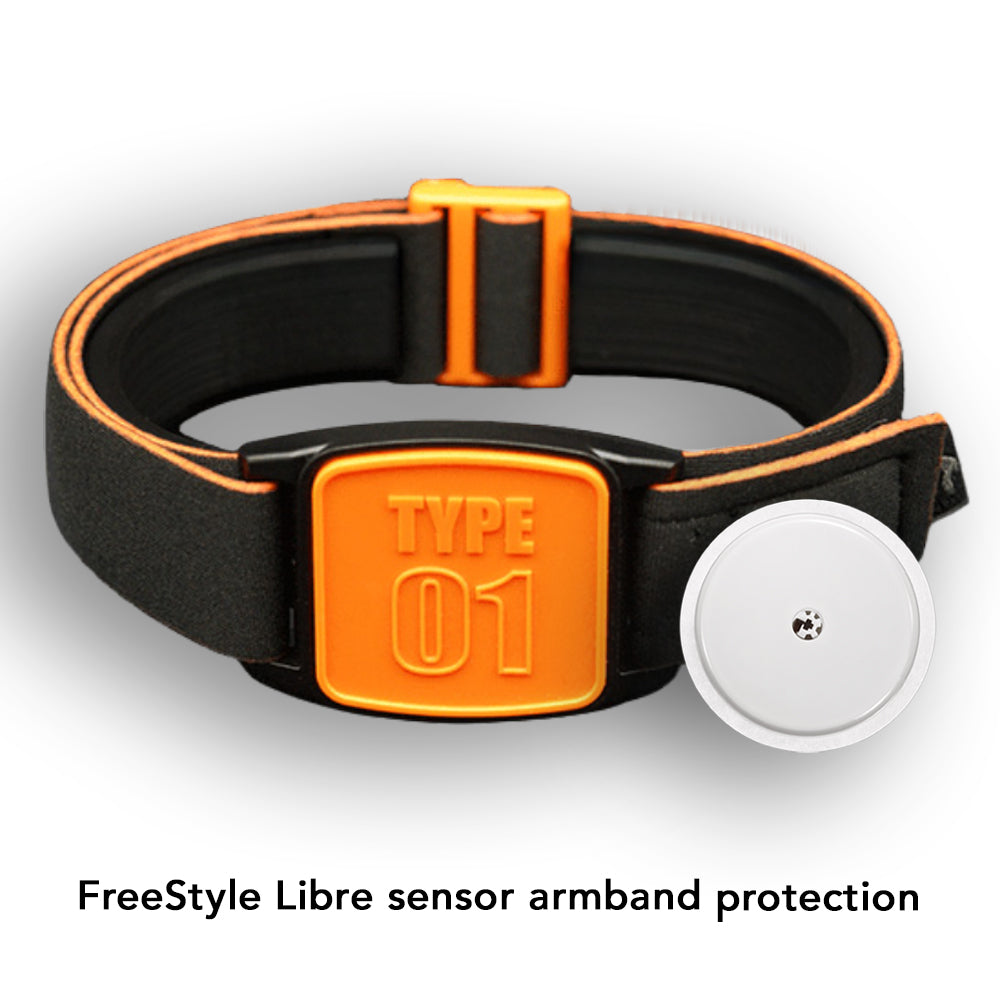 Libreband Armband for Freestyle Libre 1 & 2. Orange cover with TYPE 01 design. Shown with Freestyle Libre 2 sensor. LML4573, LML3019, LML2210, LML2227.