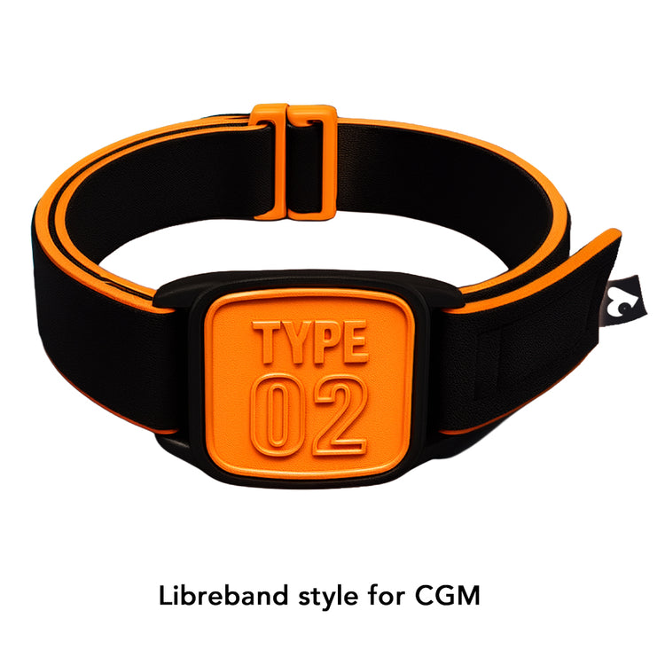 Libreband CGM armband for FreeStyle Libre 2 with orange Type 02 cover and water-resistant neoprene strap, for everyday wear, sport and swimming. LML4580, LML3644, LML2234, LML2241.