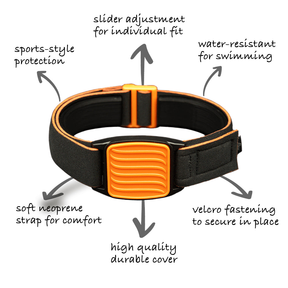 Libreband Armband features highlighted. Orange cover with Wave design.