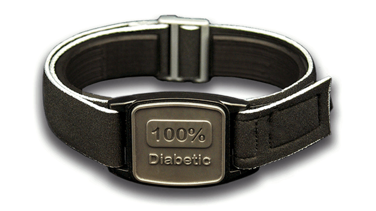 Libreband armband cover in pewter with 100% Diabetic design. Black strap edged in coordinating pewter.