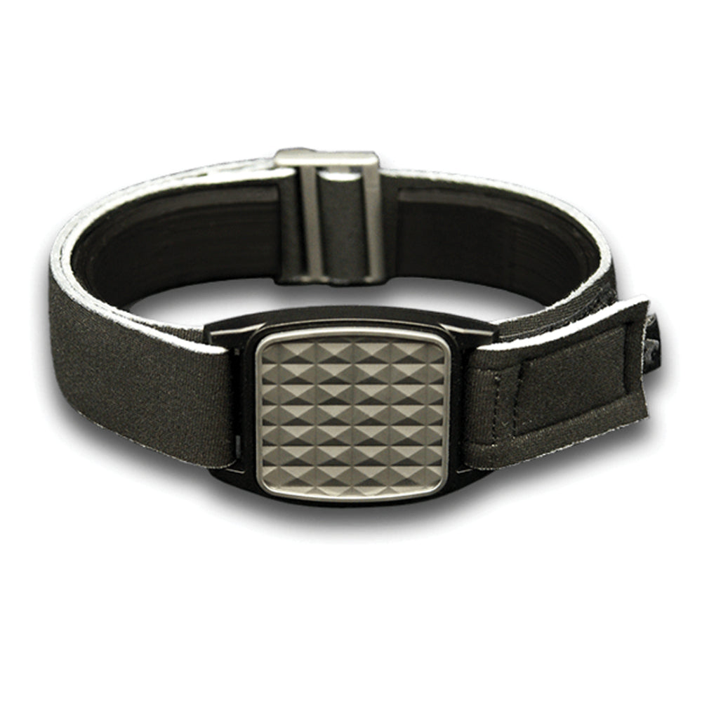 Libreband armband cover in pewter with pyramids design. Black strap edged in coordinating pewter. LML4634, LML2906, LML2616, LML2623.