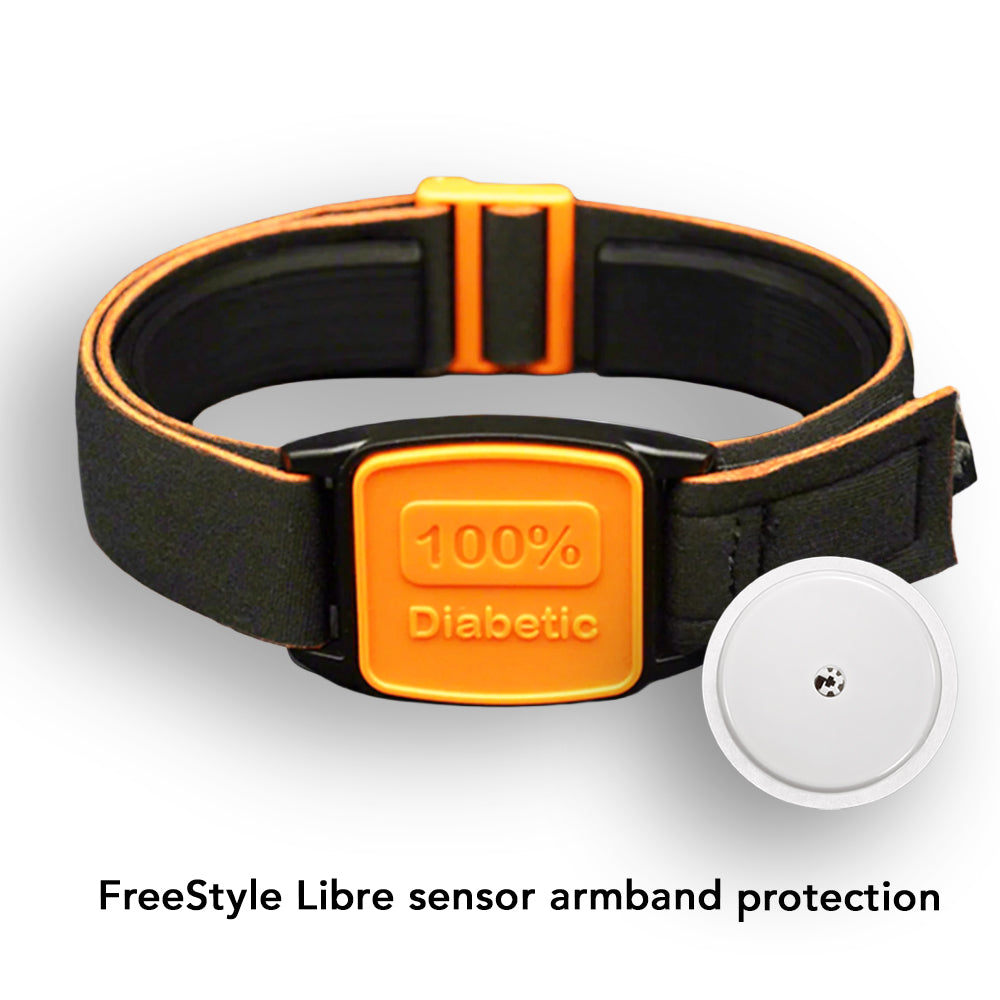 Libreband armband with orange cover and 100% Diabetic design. Black strap. Shown with Freestyle Libre 2 sensor CGM. LML4535, LML3057, LML2197, LML2203.