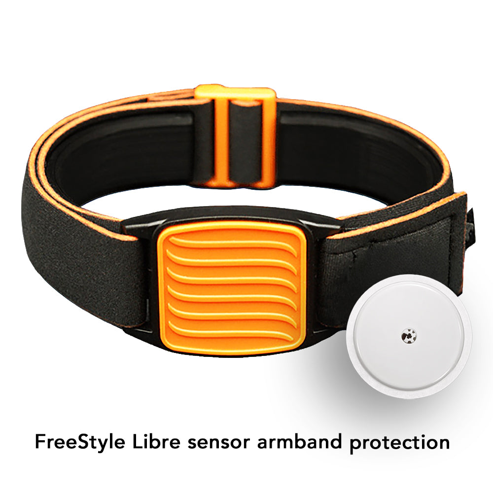 Libreband armband with orange cover and wave design. Black strap. Shown with FreeStyle Libre sensor CGM. LML4597, LML2975, LML2258, LML2265.