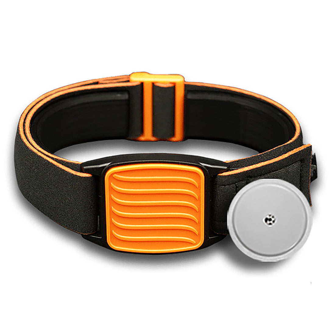 Libreband armband with orange cover and wave design. Black strap. Shown with FreeStyle Libre sensor CGM.