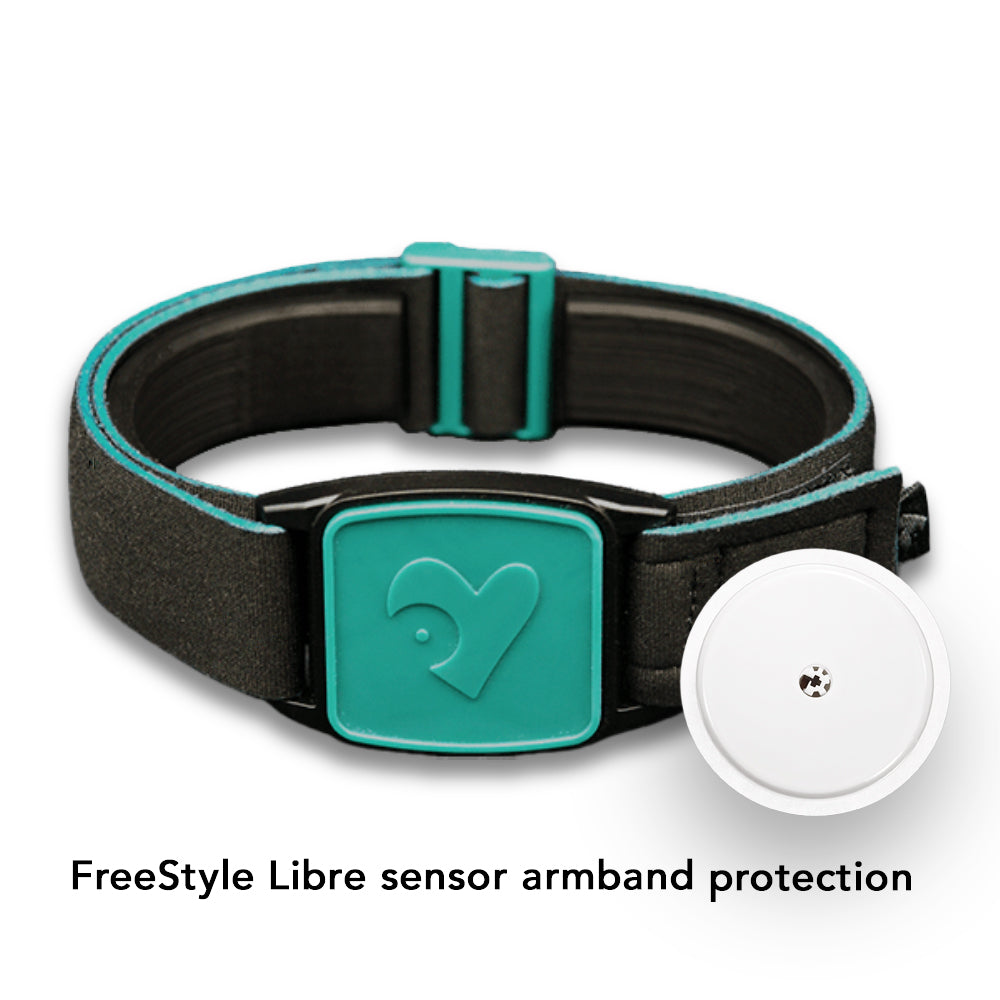 Libreband in teal with heart design on cover. Black strap. Shown in swimming pool setting.