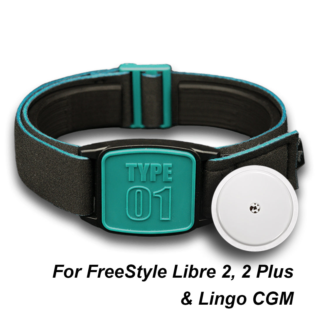 Libreband armband with teal Type 01 design shown with FreeStyle Libre sensor. LML4719, LML2999, LML2418, LML2425.
