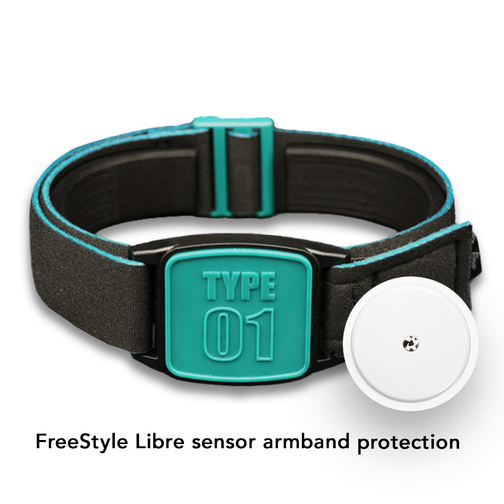 Libreband armband with teal Type 01 design shown with FreeStyle Libre sensor. LML4719, LML2999, LML2418, LML2425.
