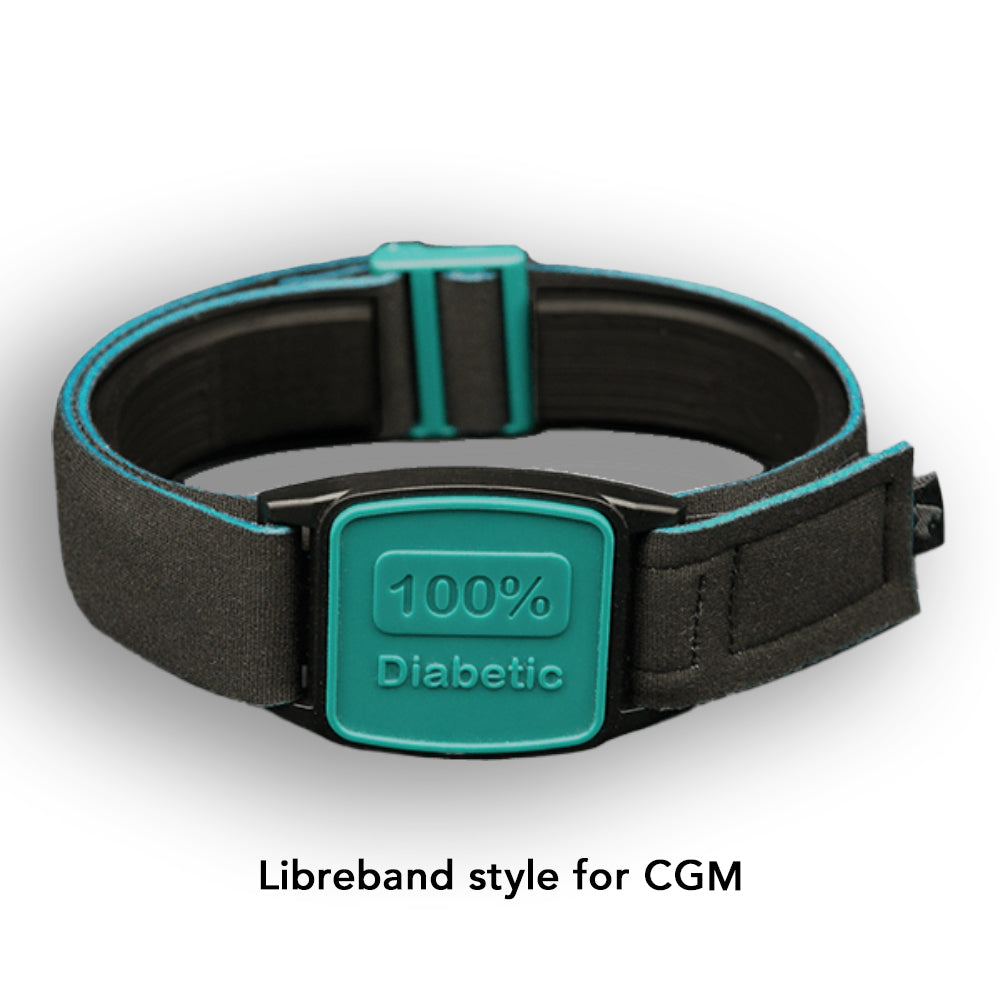 Libreband armband cover in teal with 100% Diabetic design. Black strap edged in coordinating teal. LML4672, LML3033, LML2395, LML2401.