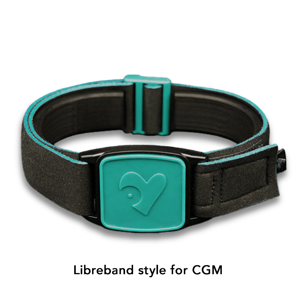 Libreband armband cover in teal with heart design. Black strap edged in coordinating teal. LML4696, LML2913, LML2470, LML2487.