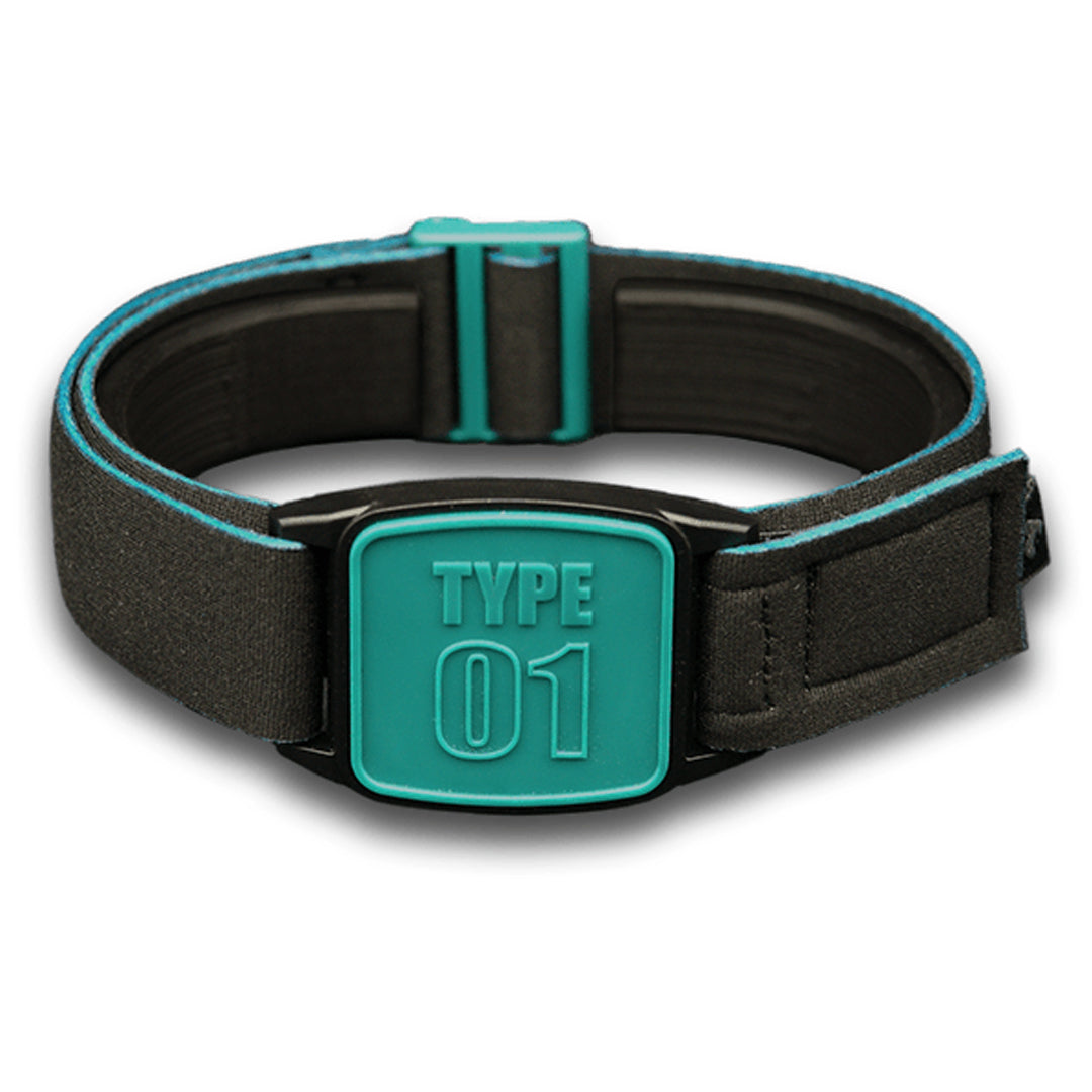 Libreband armband cover in teal with type 01 design. Black strap edged in coordinating teal. LML4719, LML2999, LML2418, LML2425.