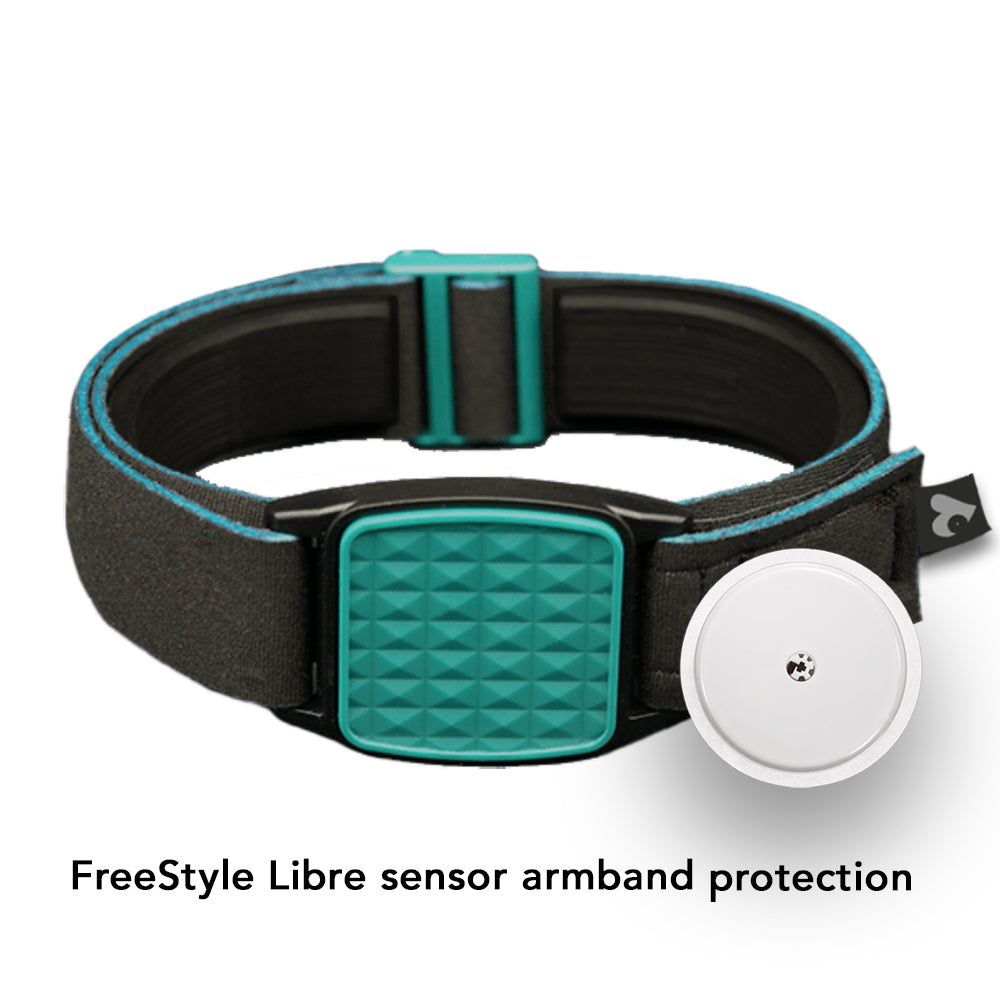 Libreband armband for Libre 2 cgm in teal with pyramids design, next to swimming pool.
