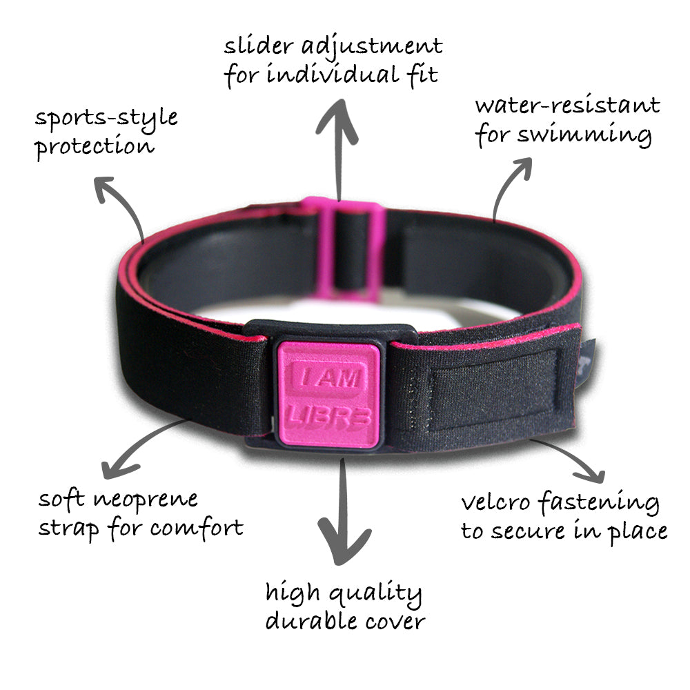 Libreband Armband for Freestyle Libre 3, features highlighted. Magenta cover with I AM LIBR3 design.