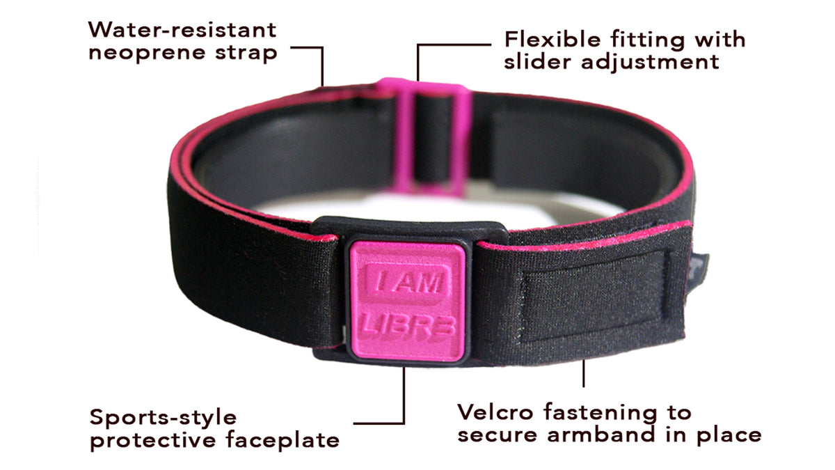 Libreband Armband for Freestyle Libre 3, features highlighted. Magenta cover with I AM LIBR3 design.