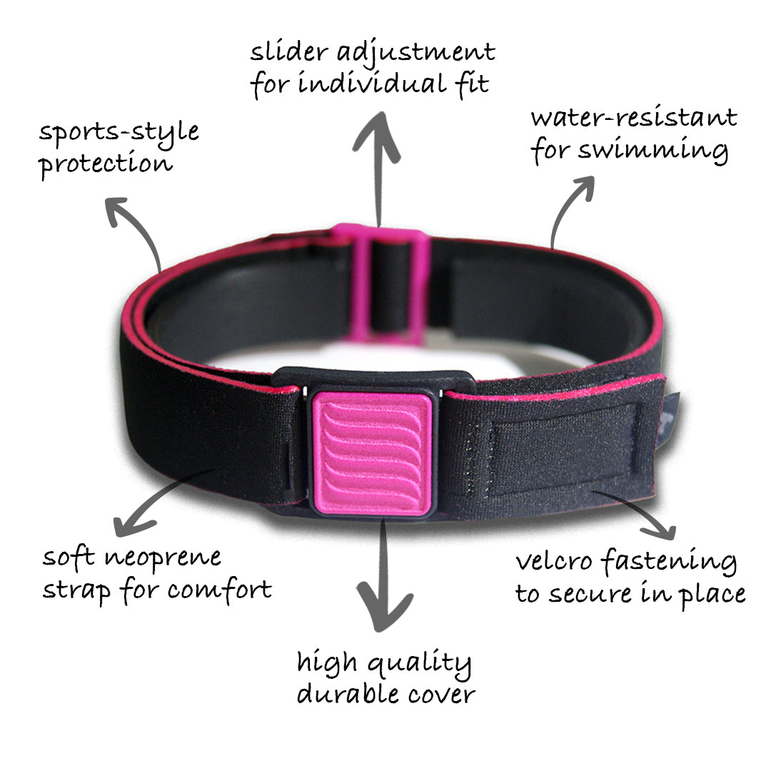 Libreband Armband for Freestyle Libre 3, features highlighted. Magenta cover with wave design.