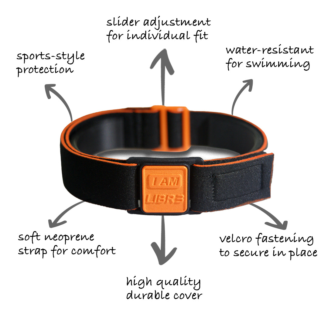 Libreband Armband for Freestyle Libre 3, features highlighted. Orange cover with I AM LIBR3 design.