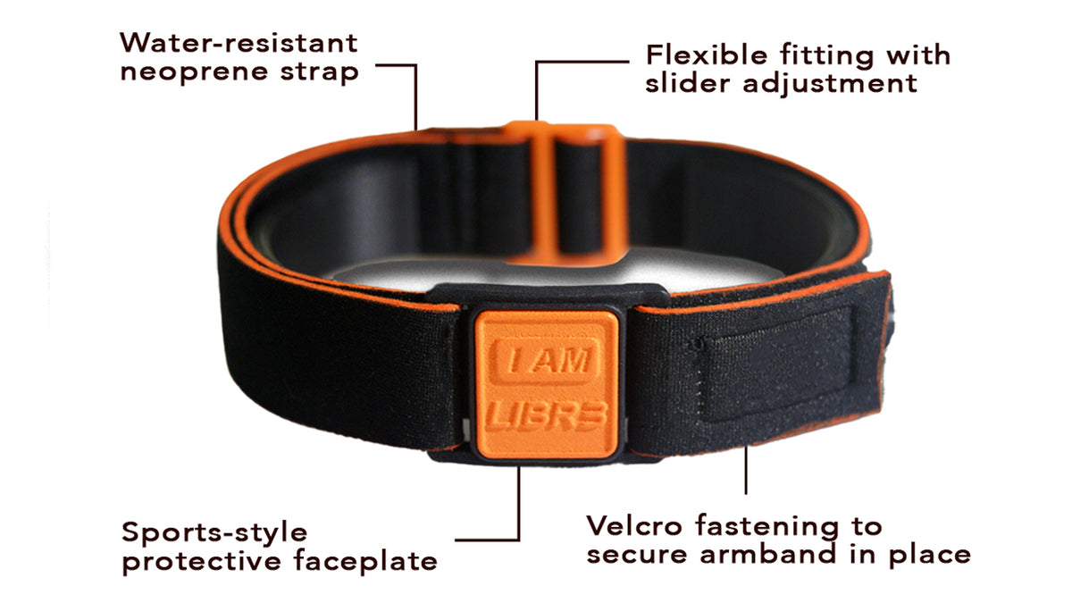 Libreband Armband for Freestyle Libre 3, features highlighted. Orange cover with I AM LIBR3 design.