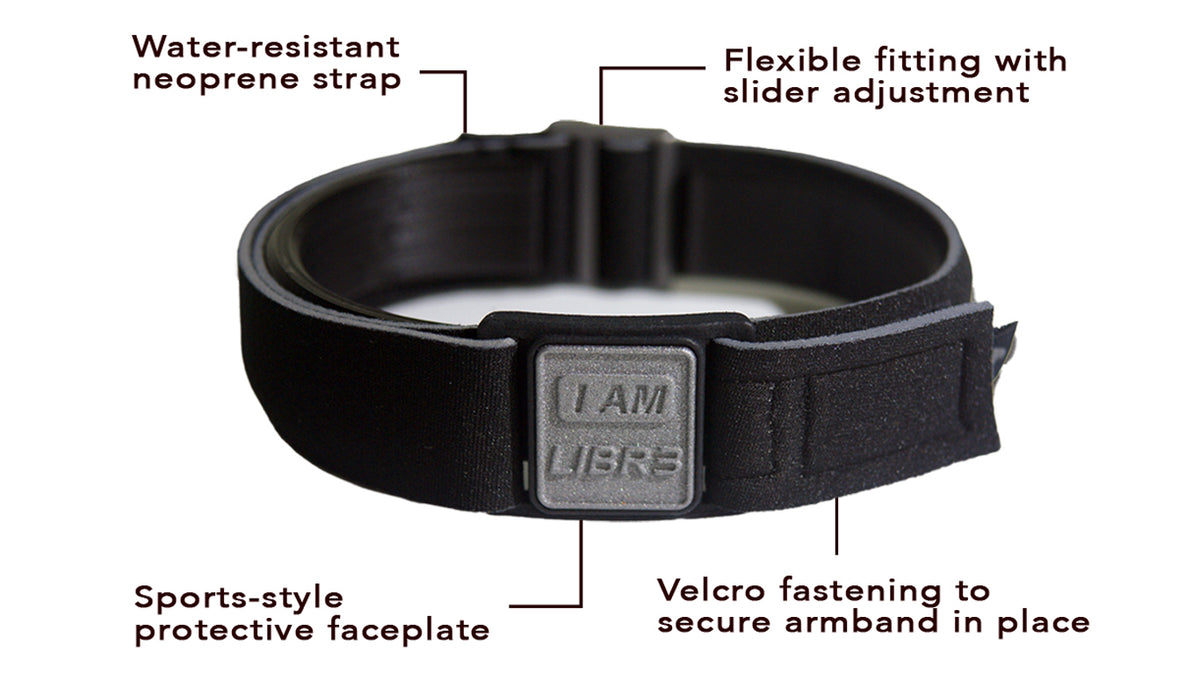 Libreband Armband for Freestyle Libre 3, features highlighted. Pewter cover with I AM LIBR3 design.