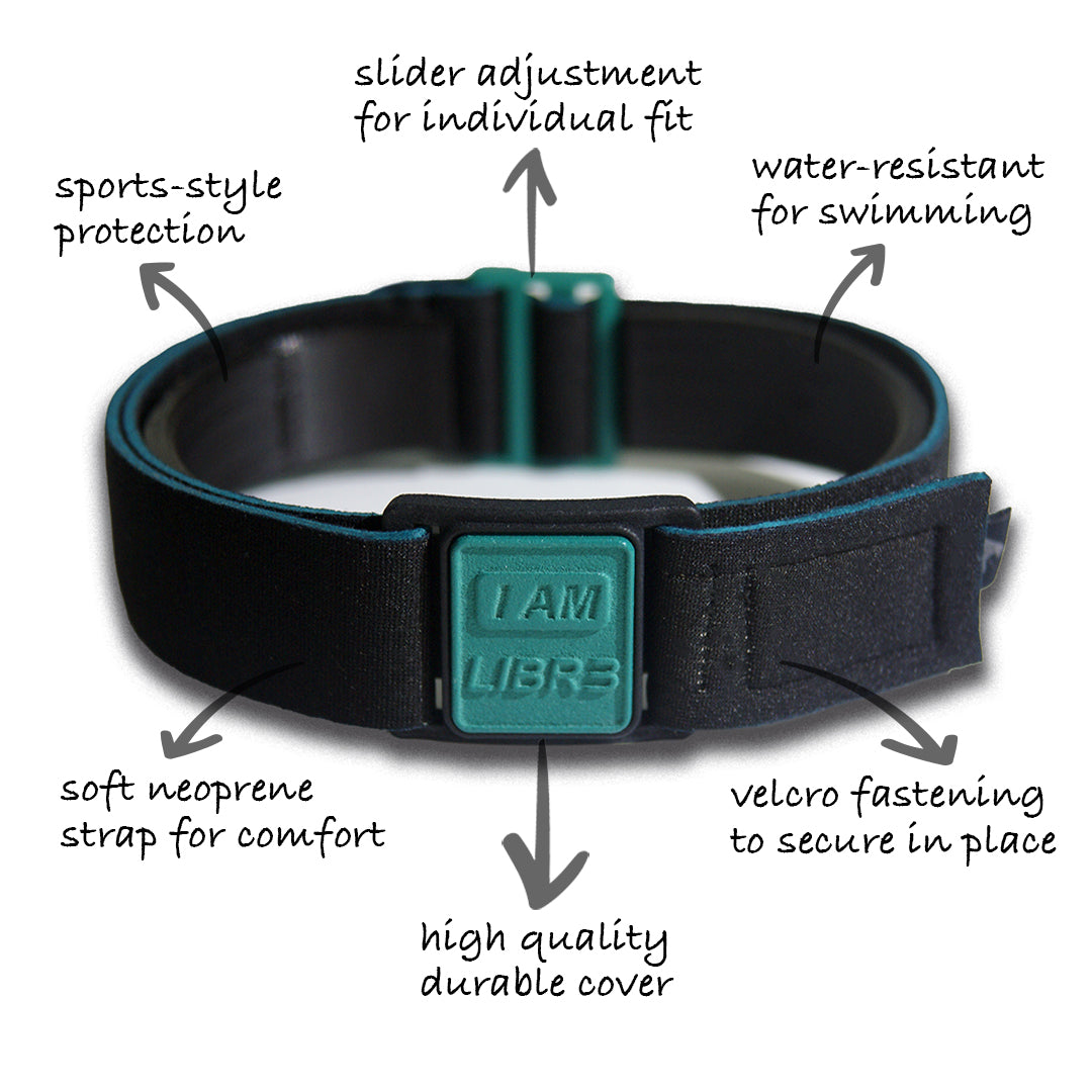 Libreband Armband for Freestyle Libre 3, features highlighted. Teal cover with I AM LIBR3 design.