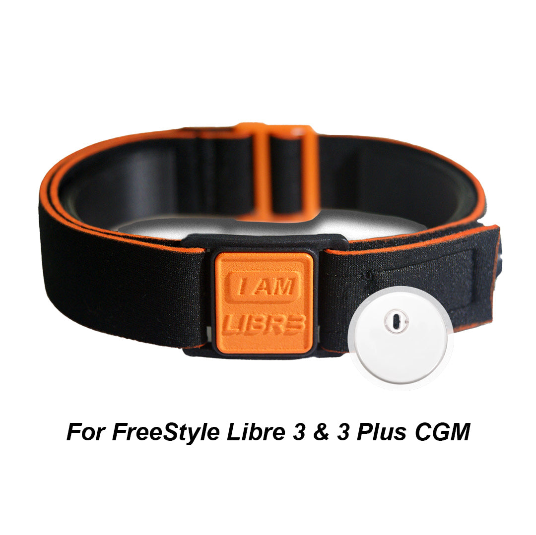 Libreband Armband for Freestyle Libre 3 and 3 Plus. Orange cover with LIBR3 design. Shown with FreeStyle Libre 3 sensor.