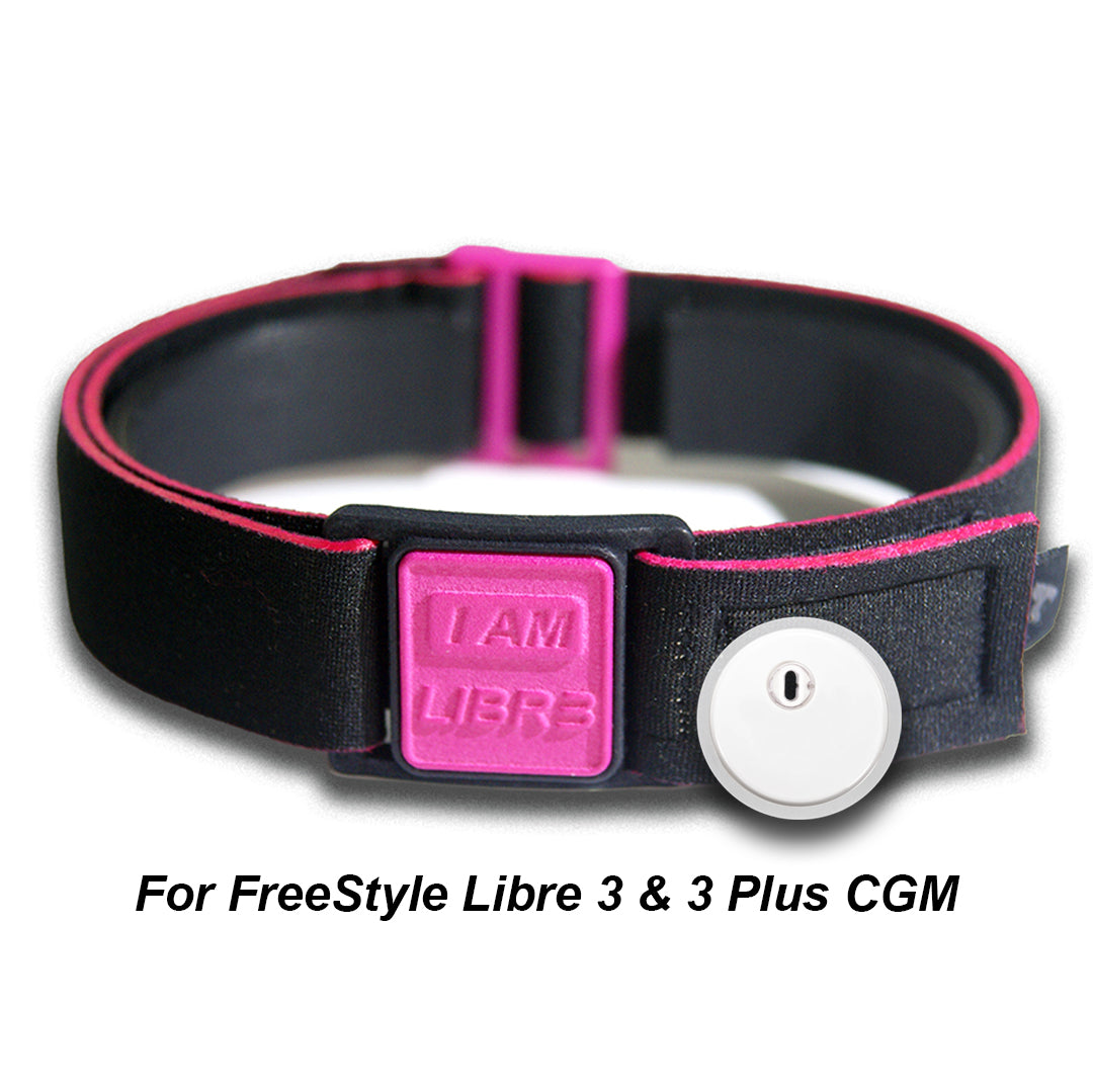 Libreband Armband for Freestyle Libre 3. Magenta cover with LIBR3 design. Shown with FreeStyle Libre 3 sensor.