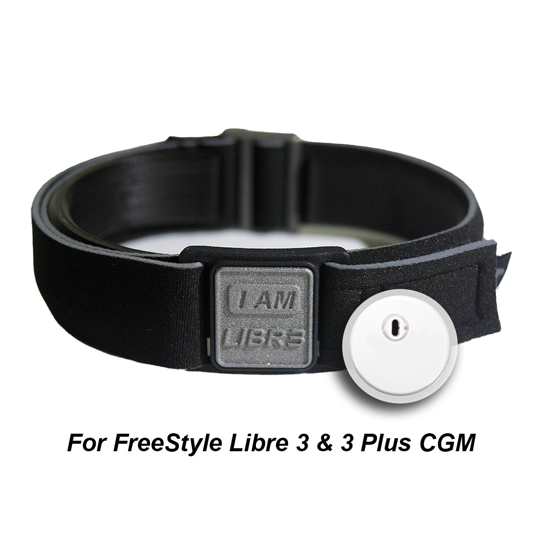 Libreband Armband for Freestyle Libre 3. Pewter cover with LIBR3 design. Shown with Freestyle Libre 3 sensor.