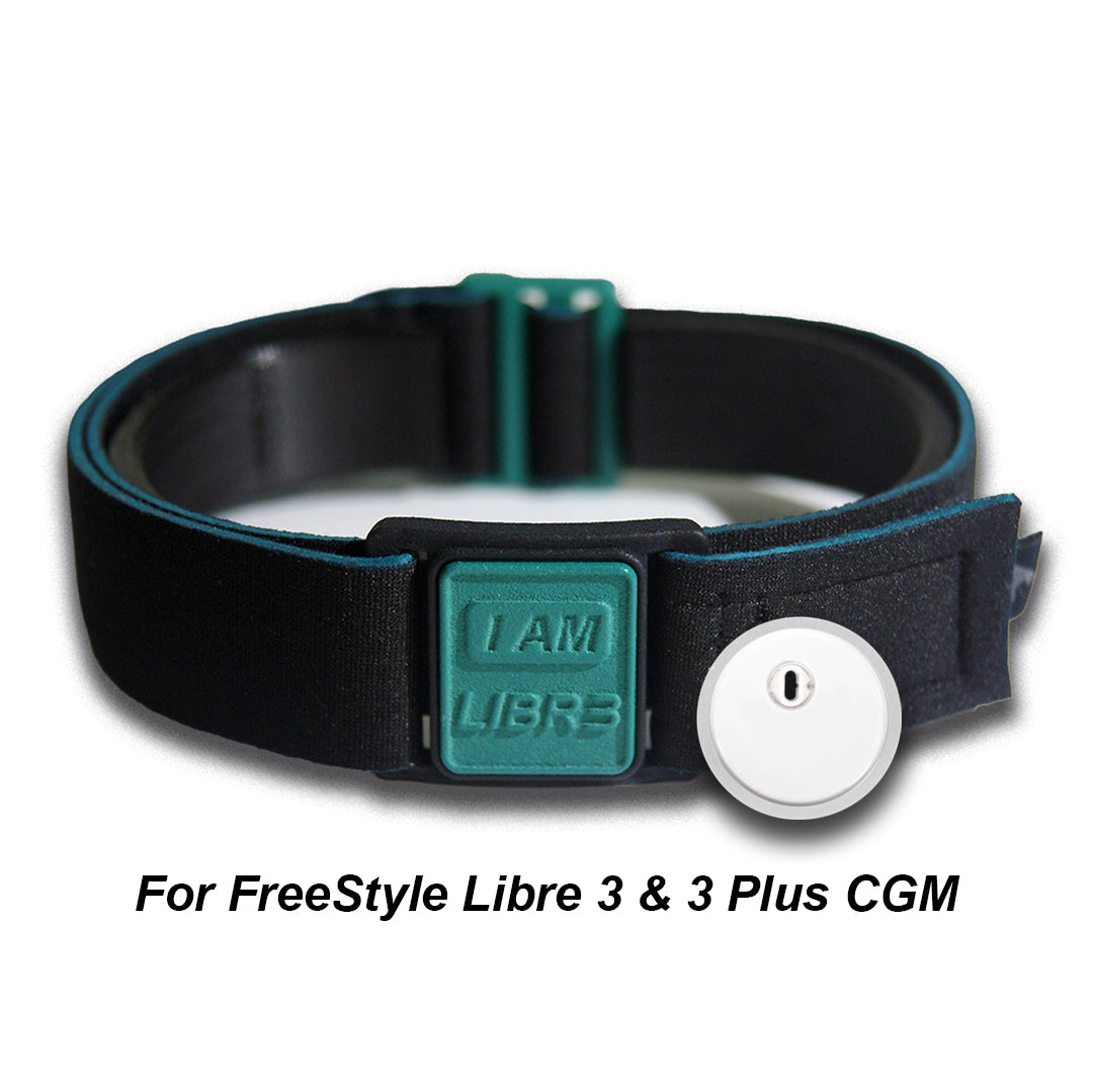 Libreband Armband for Freestyle Libre 3. Teal cover with LIBR3 design. Shown with FreeStyle Libre 3 sensor.