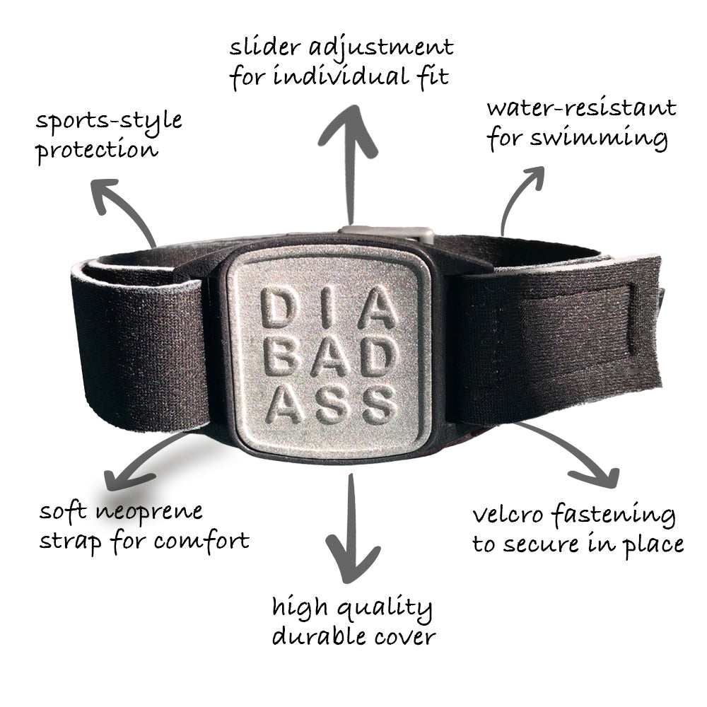 Highlighting the features of a Libreband armband in pewter with Diabadass motif. Cover for Libre 2 sensor cgm.