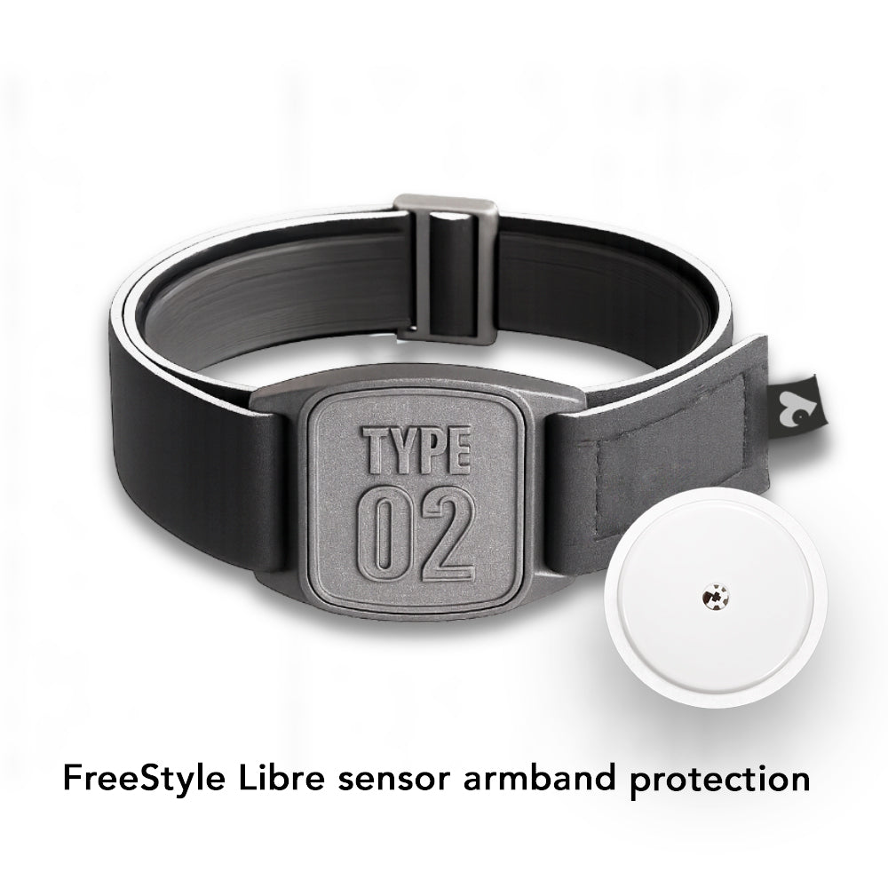 Libreband armband for FreeStyle Libre 2 cgm, Type 02 style in pewter. Shown with Libre 2 sensor. LML4658, LML3668, LML2531, LML2548.