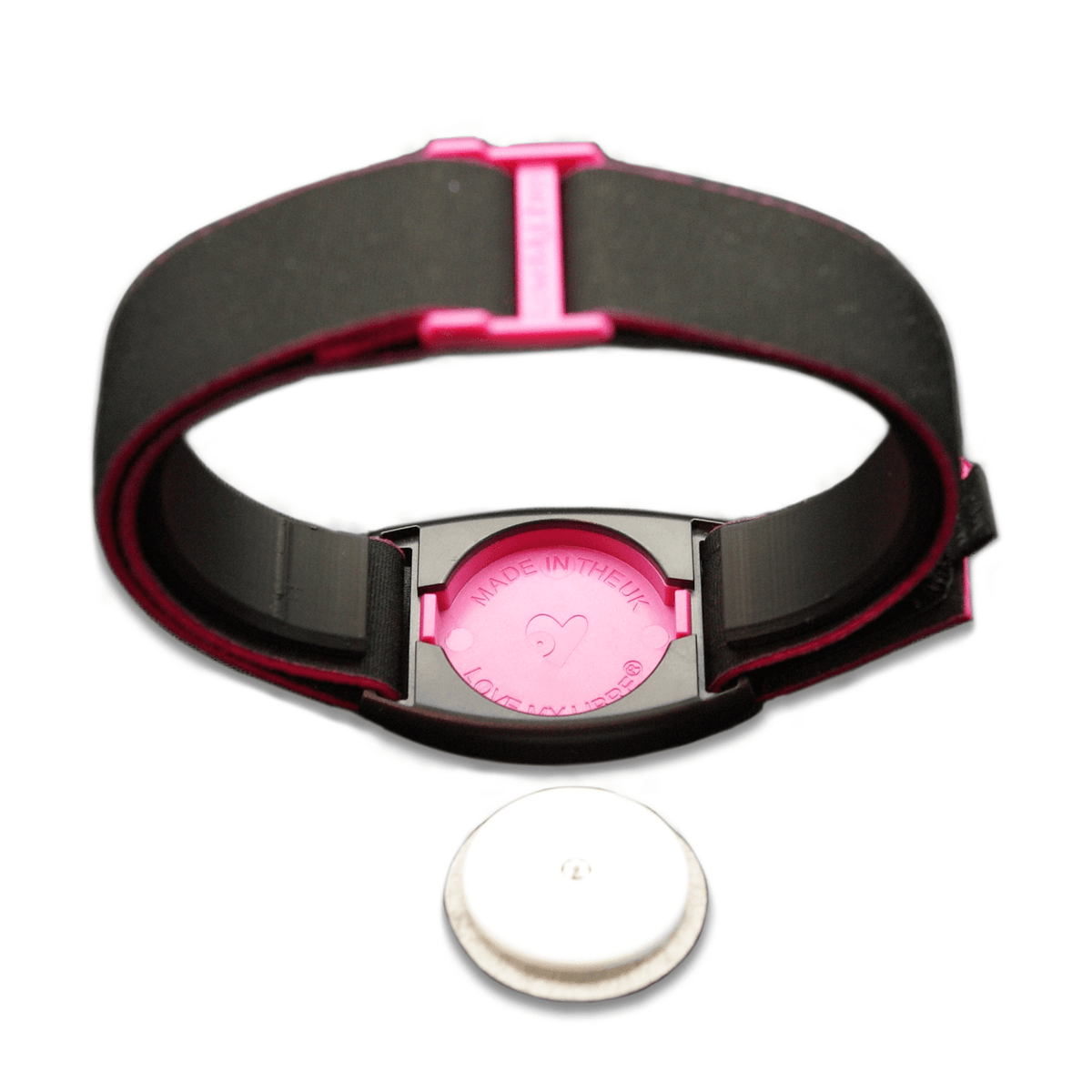 Libreband Armband in reverse with magenta cover. Shown with Freestyle Libre 2 sensor.