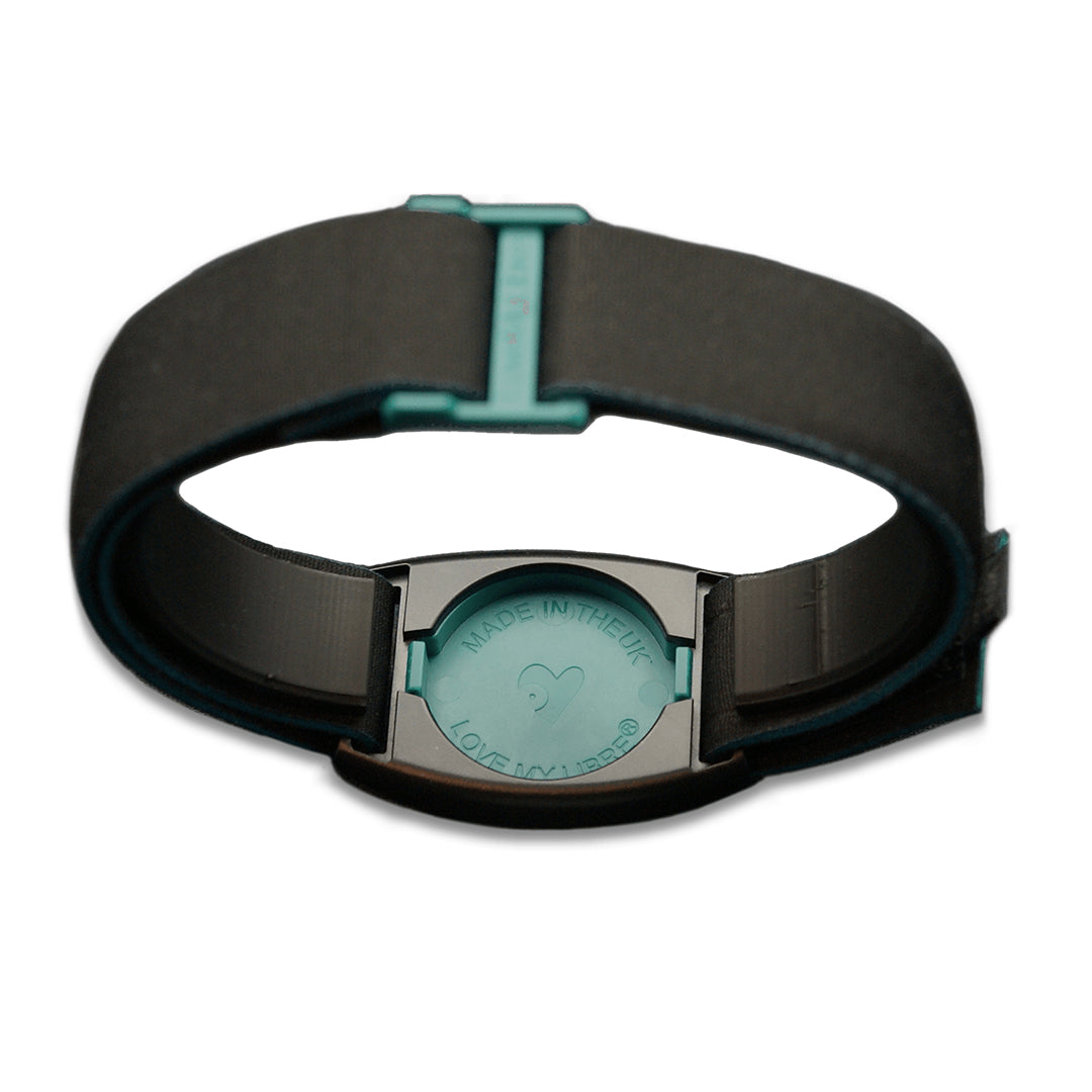 Reverse image of Libreband in teal and black for FreeStyle Libre sensor,. LML4719, LML2999, LML2418, LML2425.