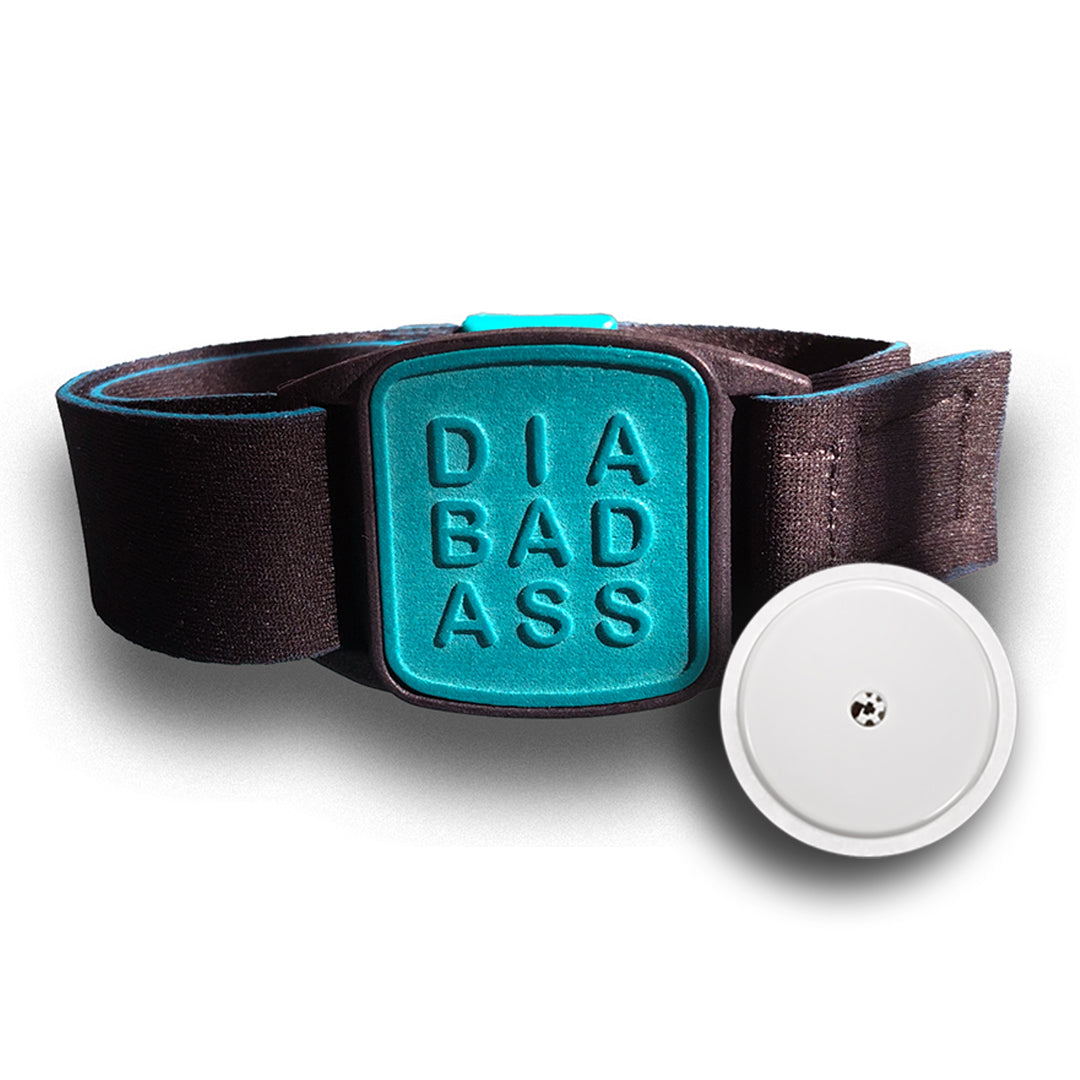 Libreband armband in teal with diabadass cover. Shown with FreeStyle Libre 2 Plus sensor. LML4689, LML4184, LML4177, LML 4160.