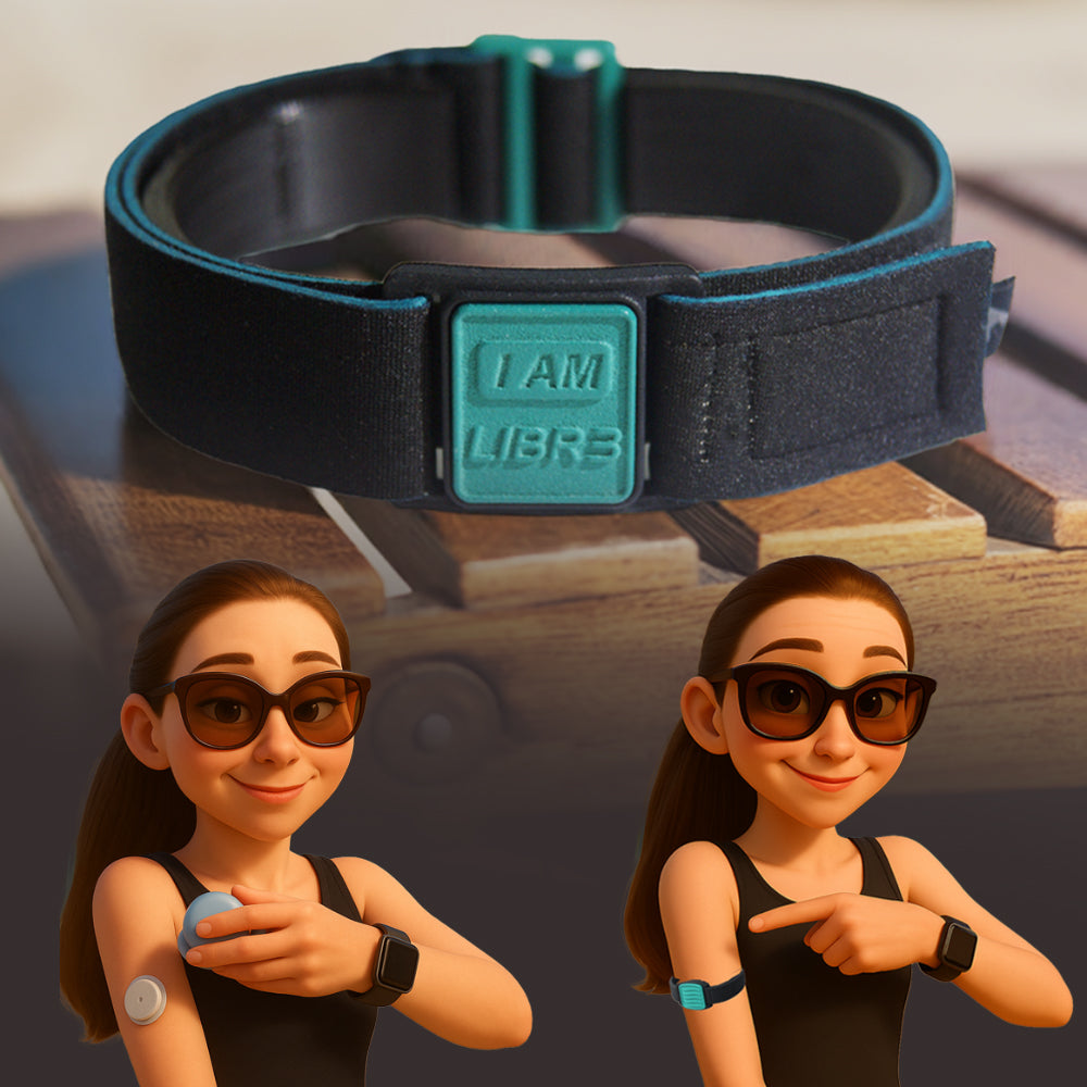Libreband CGM armband for FreeStyle Libre 3 with teal I AM LIBR3 cover and water-resistant neoprene strap on wooden lounger in beach setting
