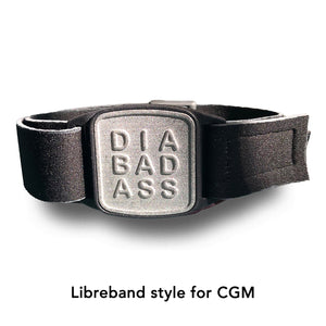 Libreband CGM armband for FreeStyle Libre 2 & 2 Plus with pewter DIABADASS cover and water-resistant neoprene strap, for everyday wear, sport and swimming. LML4610, LML4214, LML4207, LML4191.