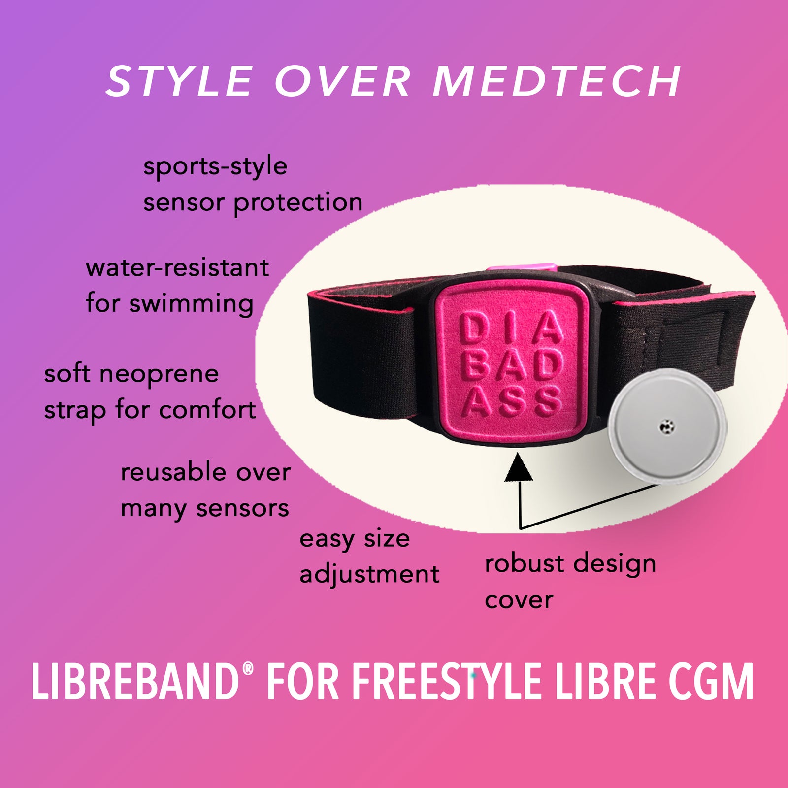 Libreband CGM armband for FreeStyle Libre 2 with magenta DIABADASS cover and water-resistant neoprene strap on wooden lounger in swimming pool setting