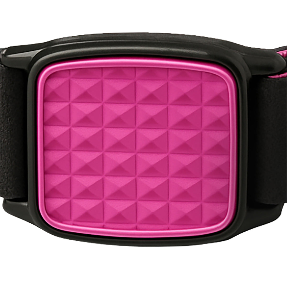 Libreband CGM armband magenta pyramids cover close-up, compatible with FreeStyle Libre 2, showing magenta pyramids design detail. LML2821, LML2814, LML2883, LML4498.