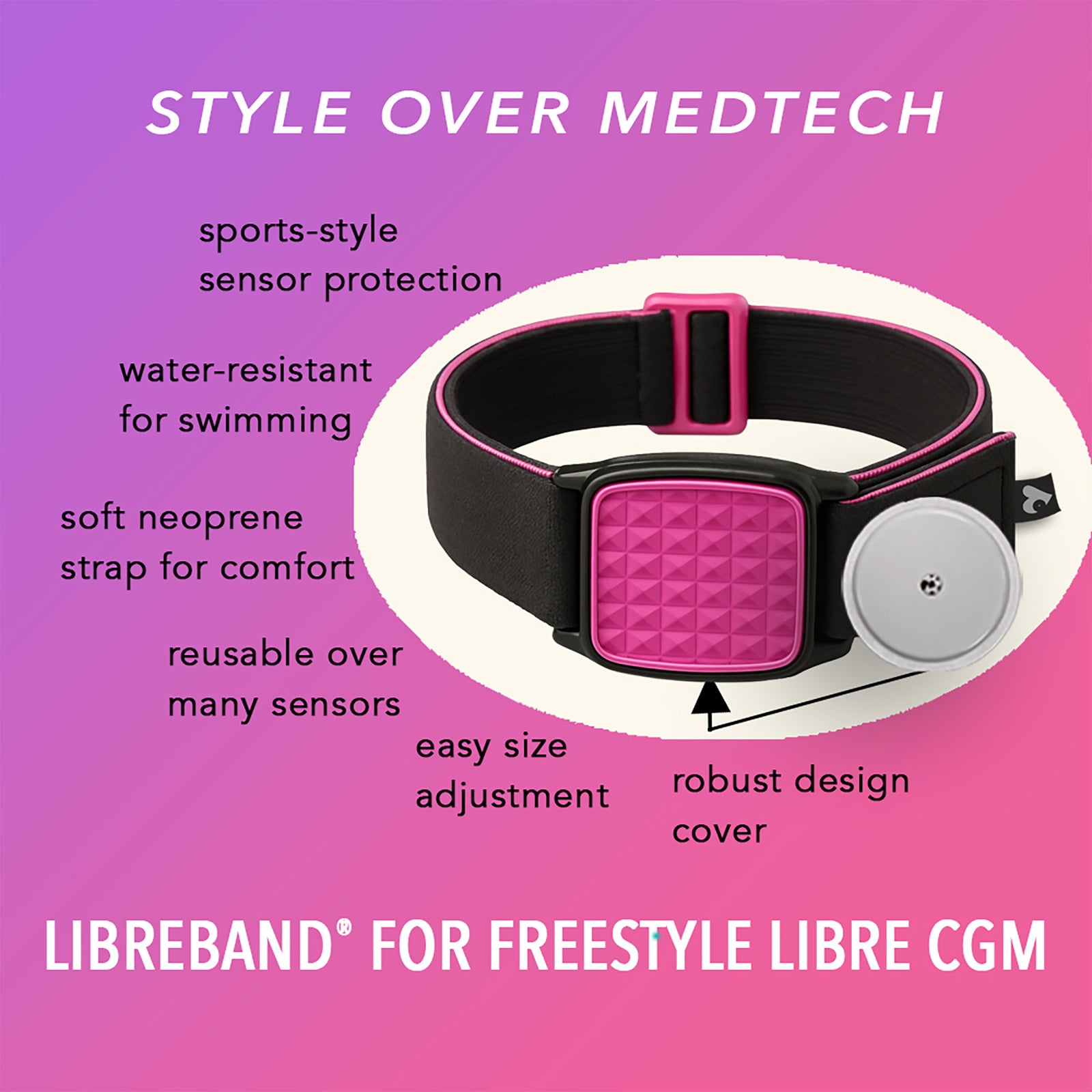 Libreband CGM armband for FreeStyle Libre 2 with magenta pyramids cover and water-resistant neoprene strap on wooden lounger in swimming pool setting. LML2821, LML2814, LML2883, LML4498.