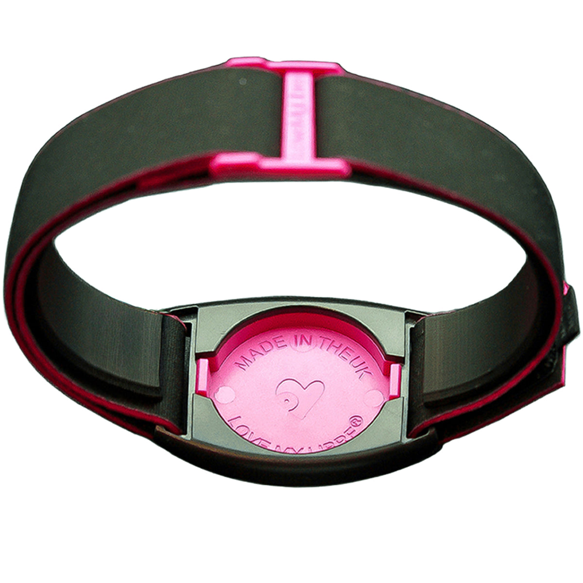 Reverse of Libreband CGM armband for FreeStyle Libre 2 with magenta cover and water-resistant neoprene strap. LML2821, LML2814, LML2883, LML4498.