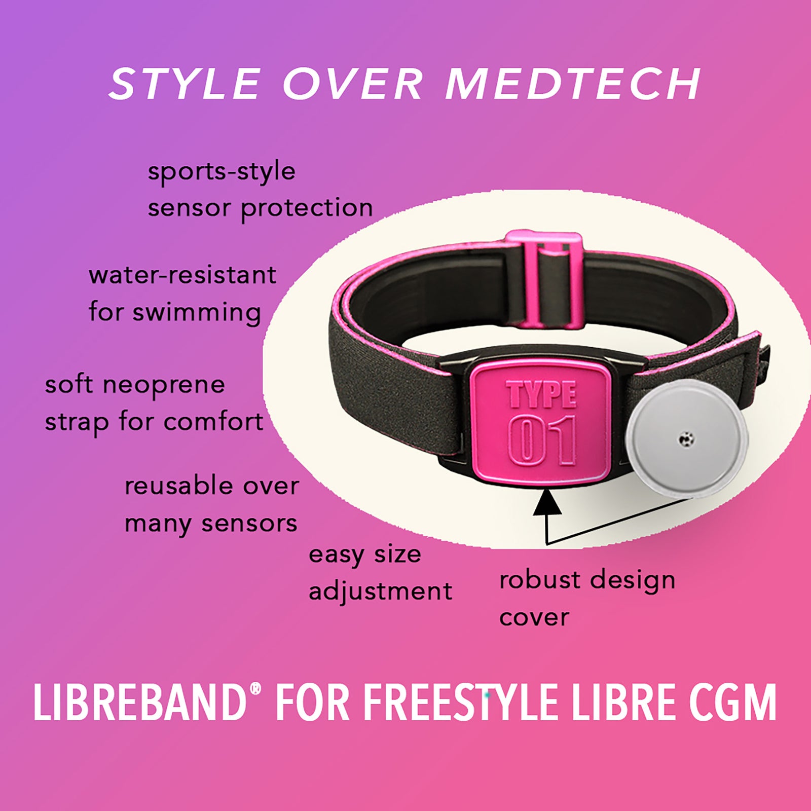Libreband CGM armband for FreeStyle Libre 2 with magenta Type 01 cover and water-resistant neoprene strap on wooden lounger in swimming pool setting. LML2326, LML2319, LML3002, LML4504.