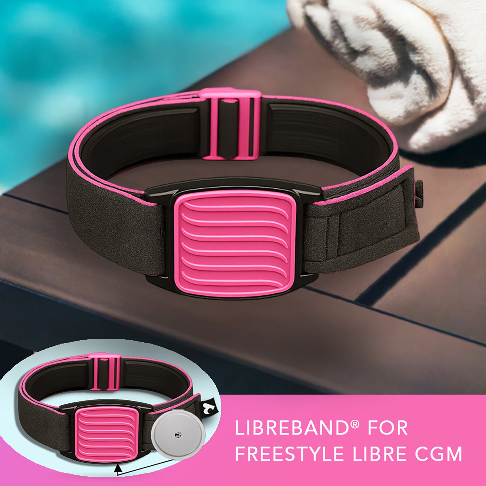 Libreband CGM armband for FreeStyle Libre 2 with magenta wave cover and water-resistant neoprene strap on wooden lounger in swimming pool setting