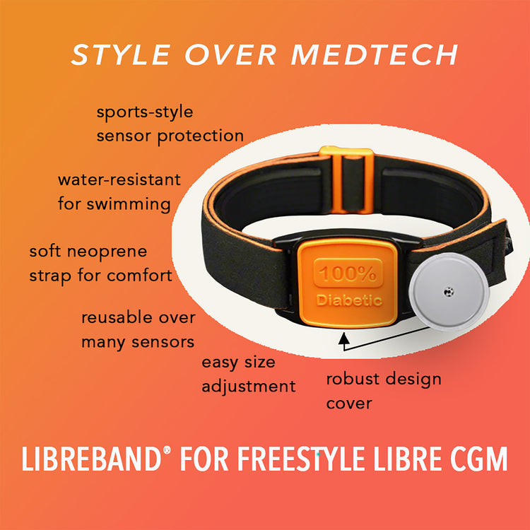 Diagram showing key features of Libreband CGM armband for FreeStyle Libre 2 with orange 100% Diabetic motif  cover and neoprene strap. LML4535, LML3057, LML2197, LML2203.