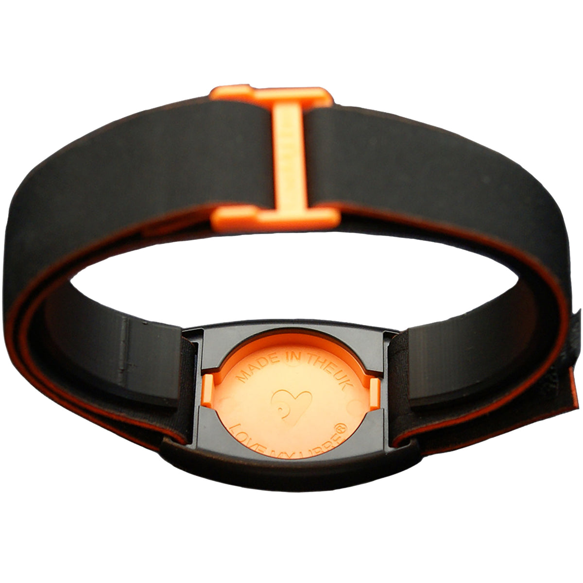 Reverse of Libreband CGM armband for FreeStyle Libre 2 with orange cover and water-resistant neoprene strap. LML4535, LML3057, LML2197, LML2203.