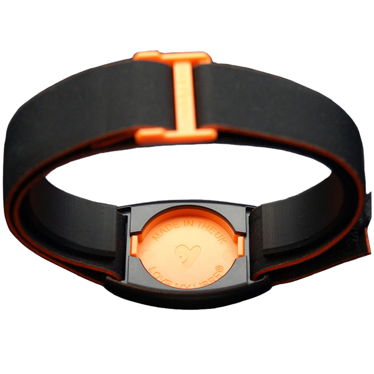 Reverse of Libreband CGM armband for for FreeStyle Libre 2 and FreeStyle Libre 2 Plus sensors with orange cover and water-resistant neoprene strap.  LML4542, LML4153, LML4146, LML4139.