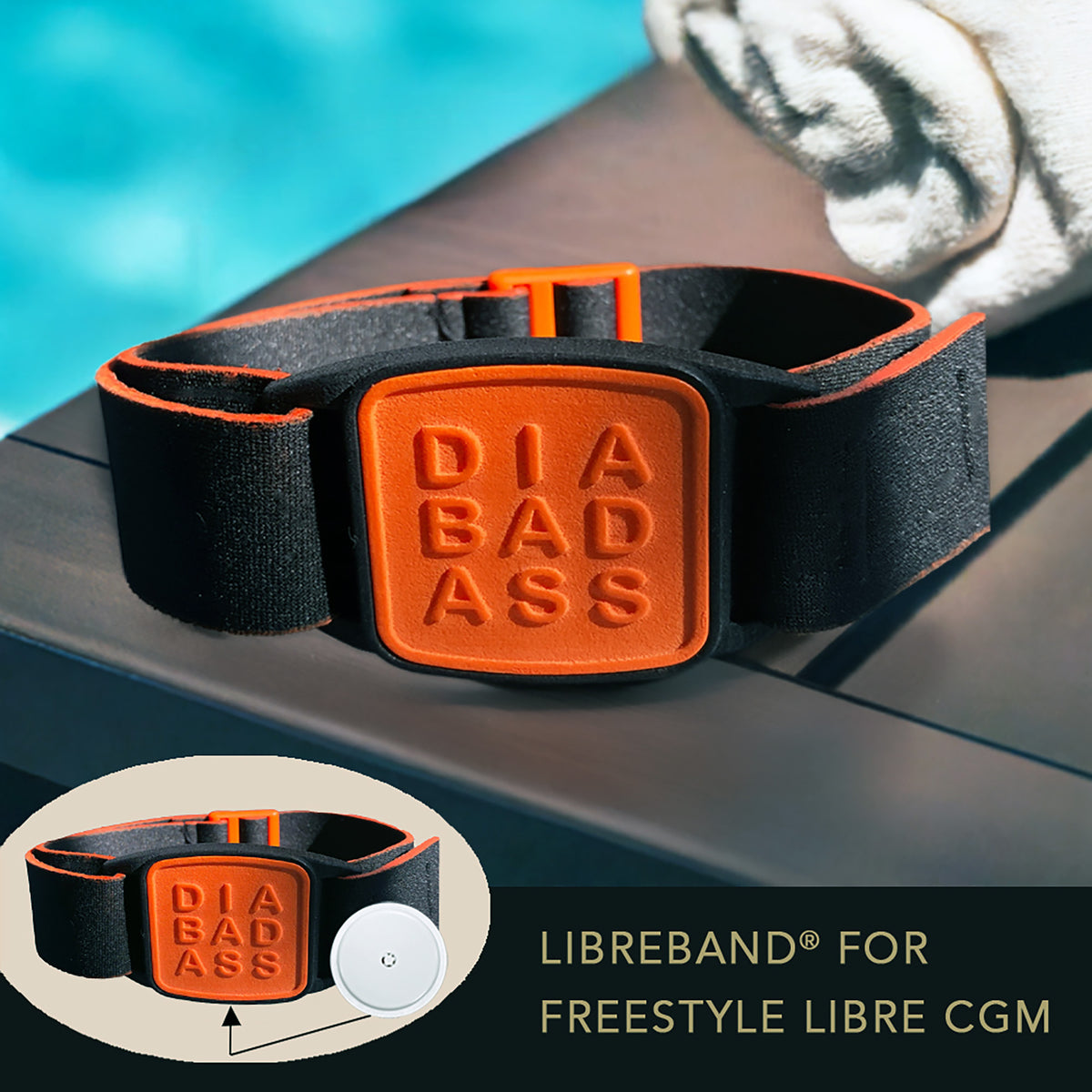 Libreband CGM armband for FreeStyle Libre 2 with orange Diabadass cover and water-resistant neoprene strap on wooden lounger in swimming pool setting.