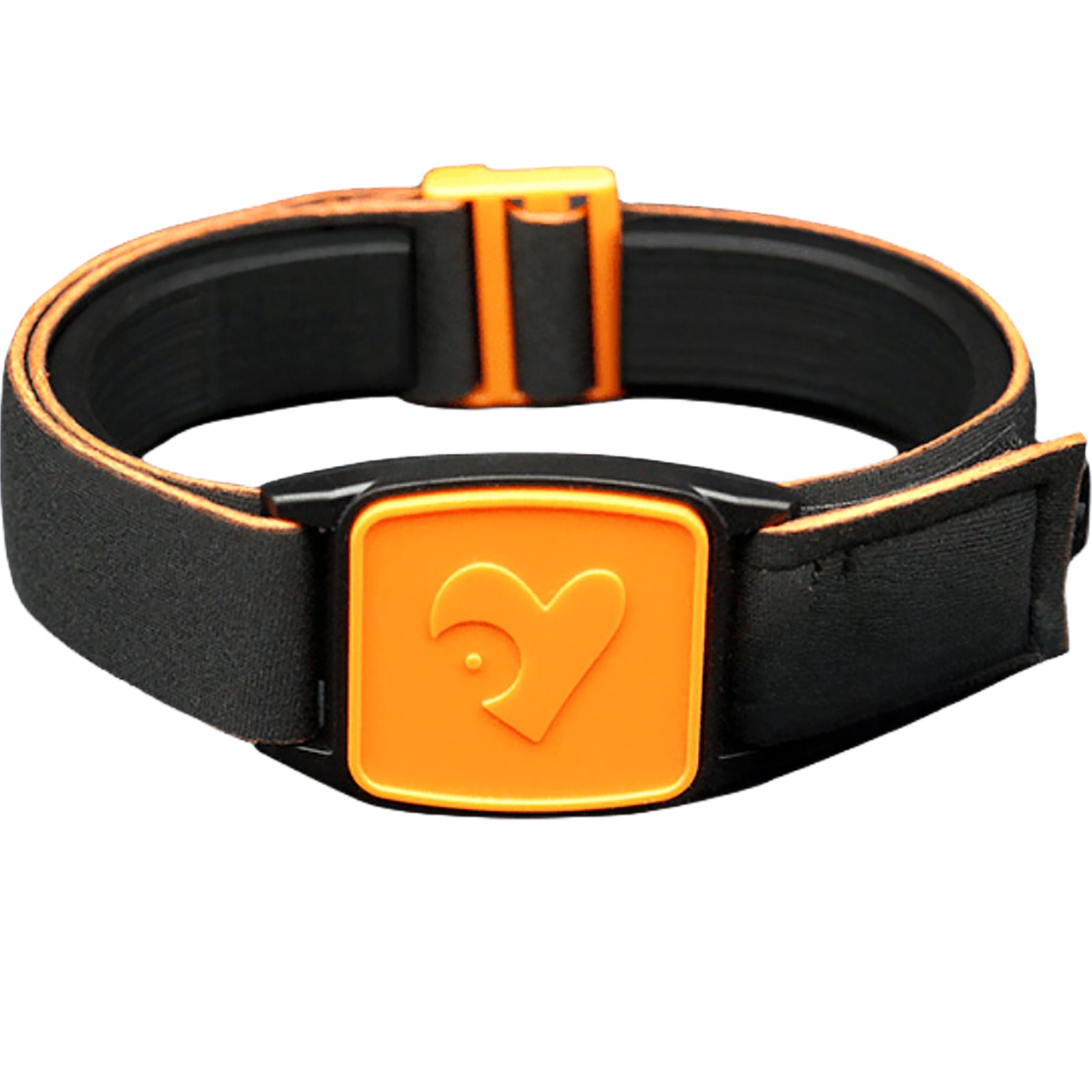 Libreband CGM armband for FreeStyle Libre 2 with orange heart cover and water-resistant neoprene strap on wooden lounger in swimming pool setting. Inset of armband alongside sensor. LML4559, LML2937, LML2272, LML2289.