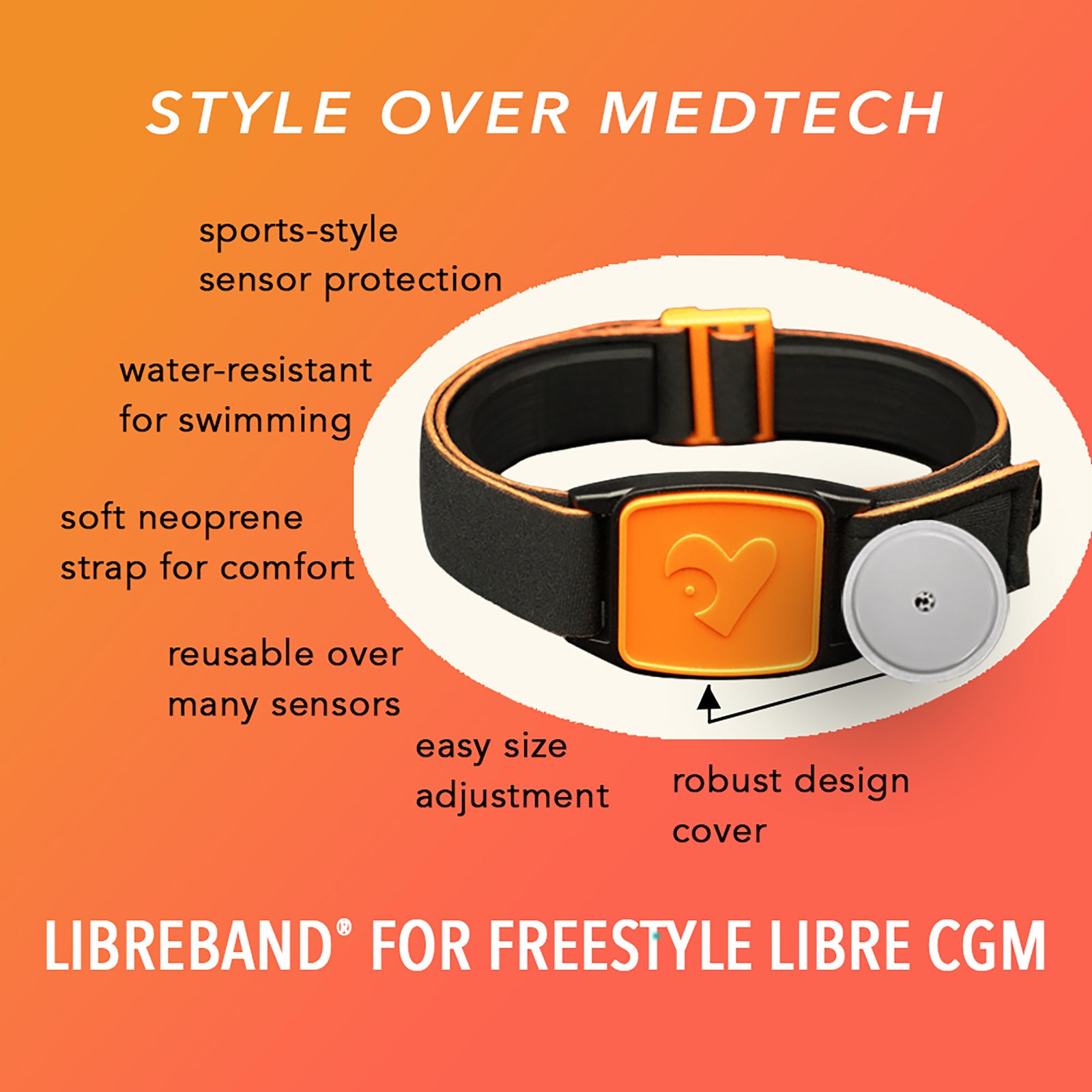 Libreband CGM armband for FreeStyle Libre 2 with orange heart cover and water-resistant neoprene strap on wooden lounger in swimming pool setting. Inset of armband alongside sensor. LML4559, LML2937, LML2272, LML2289.