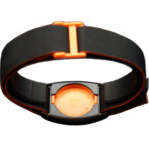 Reverse of Libreband CGM armband for FreeStyle Libre 2 with orange cover and water-resistant neoprene strap. LML4559, LML2937, LML2272, LML2289.