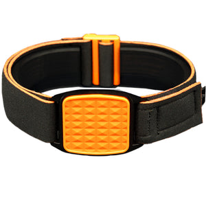 Libreband CGM armband for FreeStyle Libre 2 with orange pyramids cover and water-resistant neoprene strap, for everyday wear, sport and swimming.