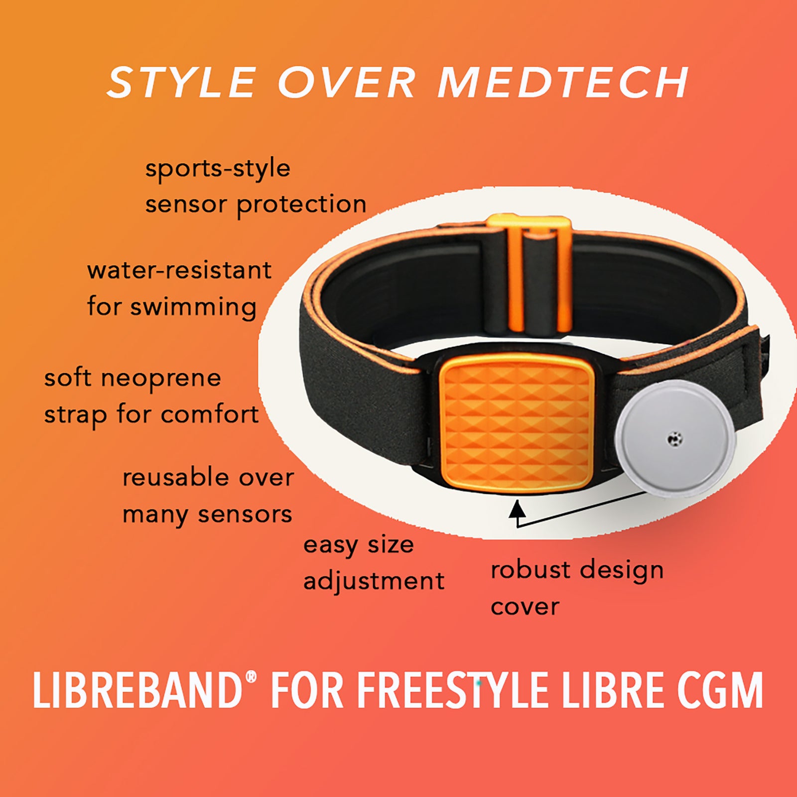 Libreband CGM armband for FreeStyle Libre 2 with orange pyramids cover and water-resistant neoprene strap on wooden lounger in swimming pool setting. Inset of armband alongside sensor.  LML2890, LML2838, LML2845.